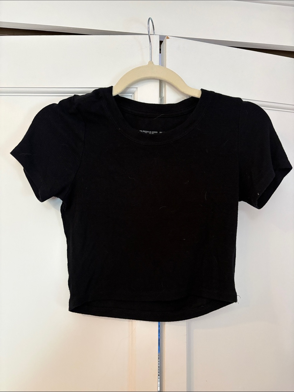 Katie J NYC Black Ribbed Short Sleeve Baby Doll Crop Top